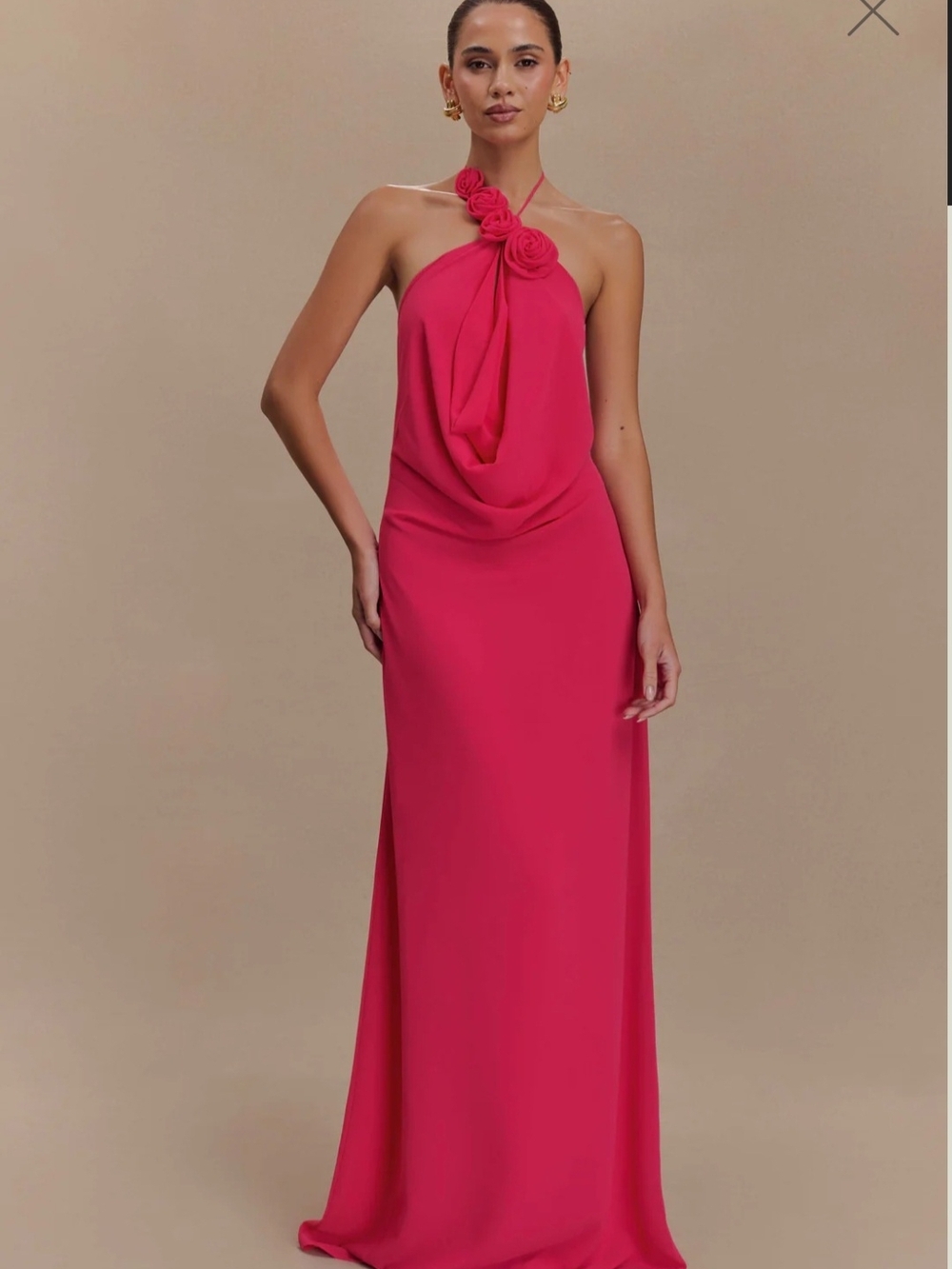 Meshki Fuchsia One-Shoulder Maxi Dress with Rosette Neckline